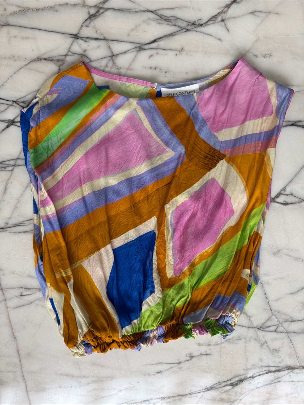 Self Contrast Multicolor Geometric Silk-Blend Cap Sleeve Top - Pink/yellow/Blue